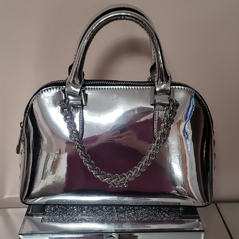 Aldo Shiny Silver Mirror-Effect Chain Handle Crossbody Bag